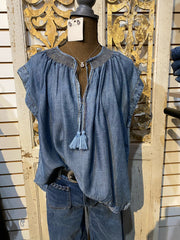 Smocked neck denim top