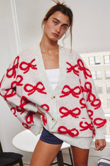 Oversized Ribbon Pullover Sweater Cardigan: CREAM/RED