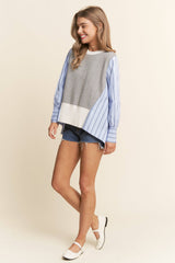 Multi Pattern Color Block Long Sleeve Top  S-L / 1X-3X: Blue Combo / L