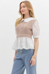 Ruffled collard white top with sweater vest over
