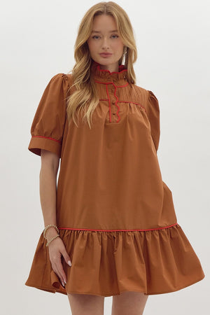 Brown ruffled neck puff sleeve dress