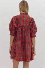 Holiday Plaid Puff Sleeve Dress