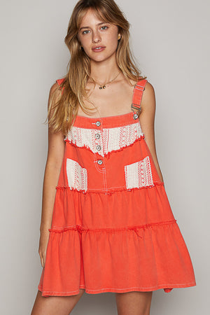 Coral Red Overall Dress With Lace Detail