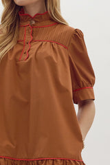 Brown ruffled neck puff sleeve dress