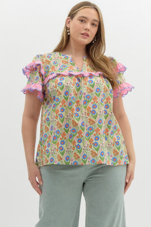 Spring floral top with pink ruffled sleeve- plus