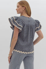 Slate blue print ruffled sleeve top