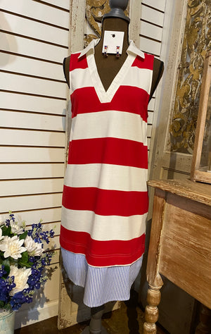 Red and white wide striped dress