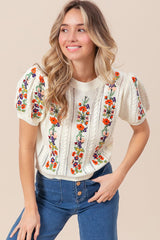 SS Pointelle Flower Emb Sweater Top