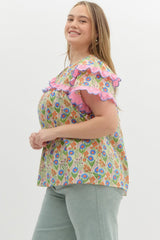 Spring floral top with pink ruffled sleeve- plus