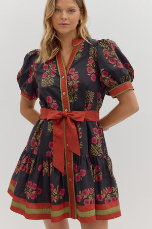 Black Floral with Rust flowers and belt