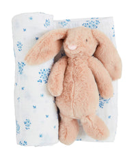 Bunny rattle with blue floral swaddle- gift set