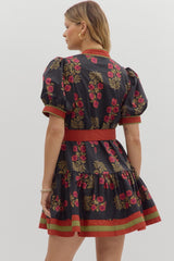 Black Floral with Rust flowers and belt