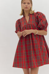 Holiday Plaid Puff Sleeve Dress