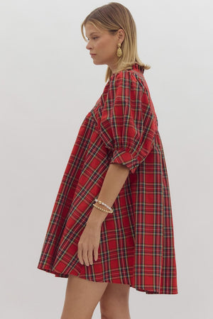 Holiday Plaid Puff Sleeve Dress