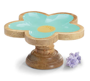 Blue flower mango wood cake pedestal