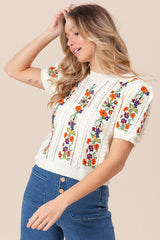 SS Pointelle Flower Emb Sweater Top