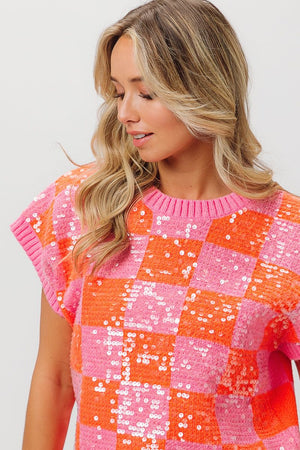 All Over Sequin Checker Sweater Top