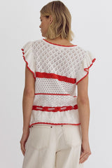 Red and White Ruffled Sweater Top