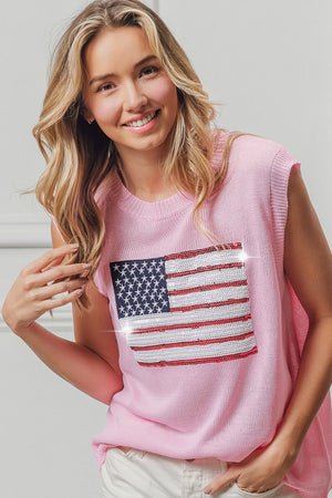 American Flag Sequin Patch Knit Top