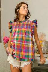 Vintage Plaid Ruffle Sleeve Smocked Top