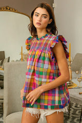 Vintage Plaid Ruffle Sleeve Smocked Top