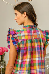 Vintage Plaid Ruffle Sleeve Smocked Top