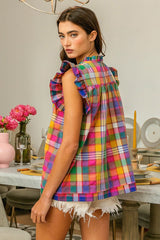 Vintage Plaid Ruffle Sleeve Smocked Top