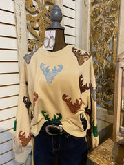 QOS Beige All Over Deer Head Sweater