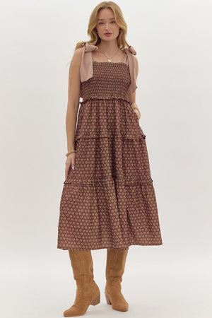 Brown Print Smocked top Maxi