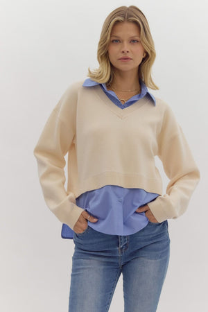 Cream Long sleeve top with collard top