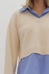 Cream Long sleeve top with collard top