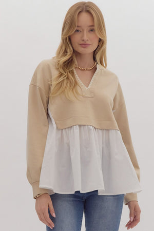 White and taupe overlay sweater top