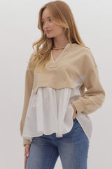 White and taupe overlay sweater top