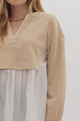 White and taupe overlay sweater top