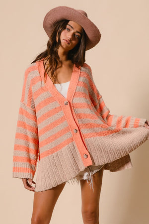 Striped Sweater Buttoned V Neck Cardigan