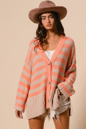 Striped Sweater Buttoned V Neck Cardigan