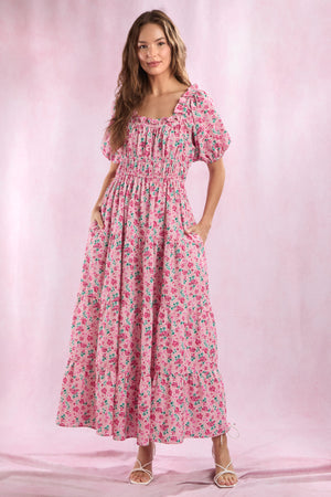 Pink Rose Puff sleeve maxi dress