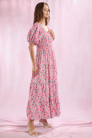 Pink Rose Puff sleeve maxi dress