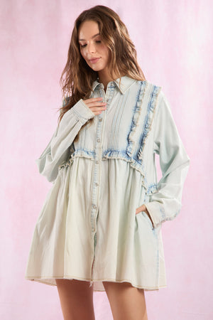 Pintuck and ruffled shirt dress