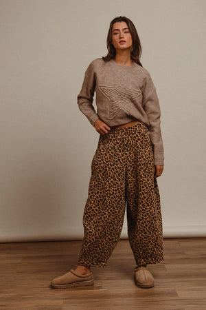 Washed leopard denim mid rise pants