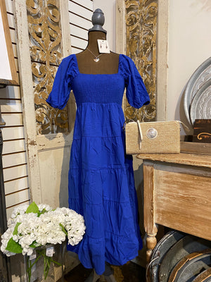 Blue Puff Sleeve Smocked Dress