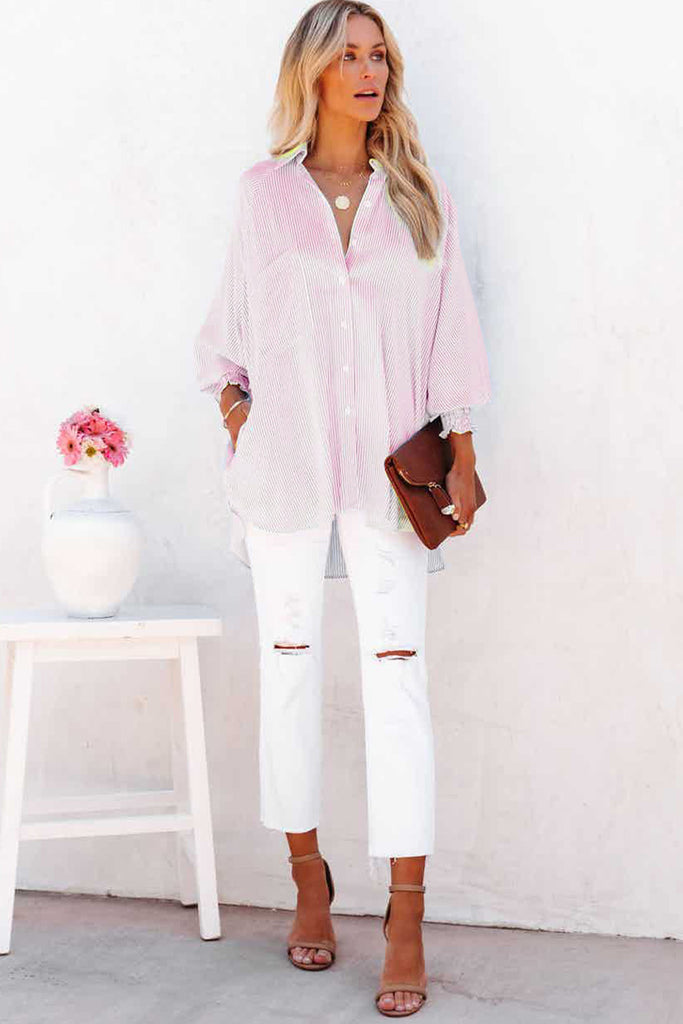 PINK SMOCKED SLEEVE BUTTON DOWN