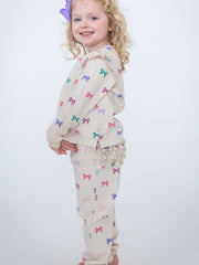 Toddler Girls Heather Oatmeal Ribbons Flutter Sweatshirt Jogger Set with Signature Rear Ruffles