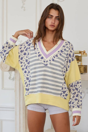 Contrast Details Stripe Print V-neck Sweatshirt Top