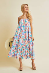 MULTI-COLORED TROPICAL MIDI DRESS WITH SMOCKED NECK