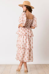 Bow & Rose Printed Puff Sleeve Tiered Midi Dress