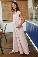 Textured Wide Leg Button-up Loose Fit Jumpsuit: PEACH