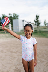 Zoey Swim in Patriotic Flags | UPF 50 One Piece Swimwear