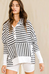 Oversize Stripe Button Up Hoodie Top