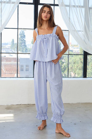 Check Print Ruffled Pajama Tank Top & Pants Sets